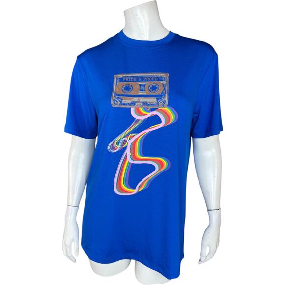 Curations Ty Mayberry Graphic Tee Small Blue Retro Cassette LGBTQ Pride NWT - Picture 1 of 14